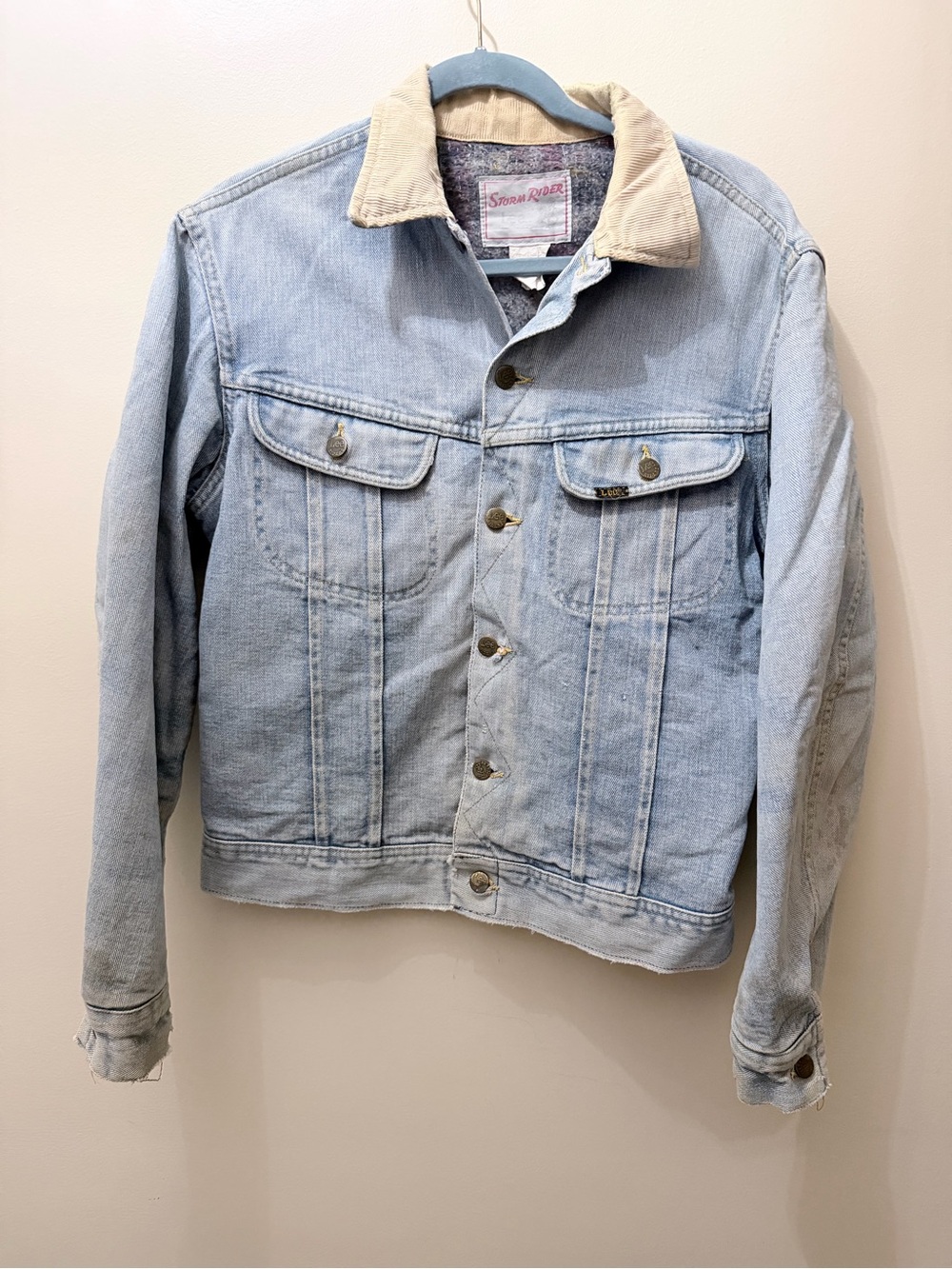 Vintage 80s Lee Storm Rider Denim Jacket Flannel Lined Cord Collar Thrashed M